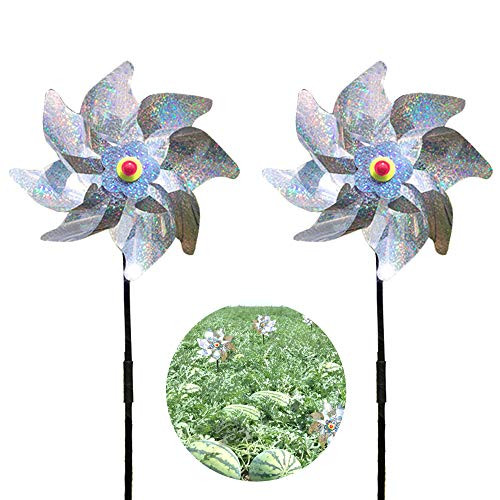 Ceqiny 2 Packs Bird Deterrent Pinwheels Sparkly Silver Spinners Bird Repellent Windmill Whirl Pinwheel Holographic Mylar Reflection Materials Scare Birds Pests Away from Yard Patio Garden Farm
