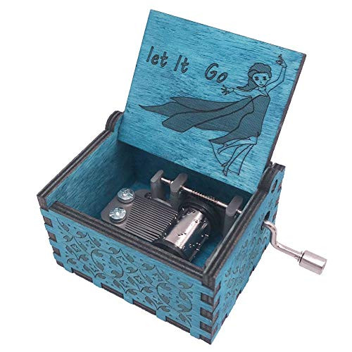 Tiny Music Box 18 Note Hand Crank Musical Box Carved Wooden Play Let it Go Blue