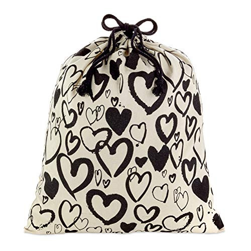 Hallmark 22  Extra Large Canvas Bag with Drawstring Ivory with Black Hearts for Valentines Day  Weddings  Bridal Showers  Anniversary and More