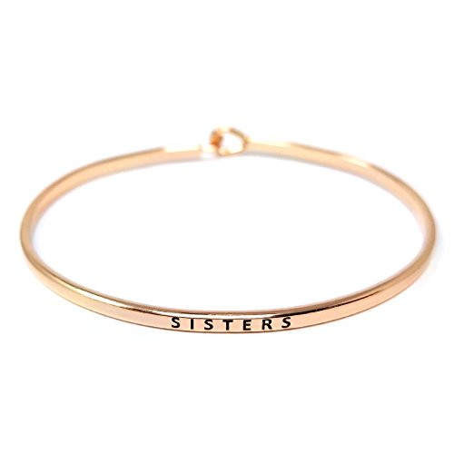 Me Plus Inspirational Sisters Positive Message Engraved Thin Bangle Hook Bracelet Rose Gold  Brass