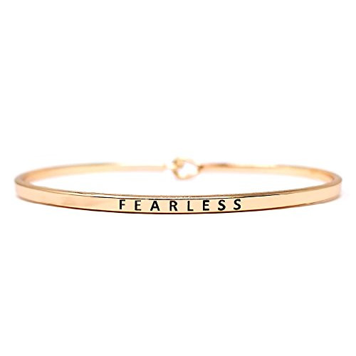 Me Plus Inspirational Fearless Positive Message Engraved Thin Bangle Hook Bracelet Rose Gold  Brass