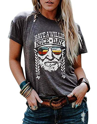 Have a Willie Nice Day T Shirt Willie Nelson Graphic Tees for Women Summer Casual Vacation Shirts Short Sleeve Tops X-Large  Grey
