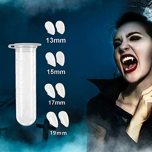 CUPBEN 4 Pairs Vampire Teeth with Adhesive Glue  Halloween Decorations Vampire Fangs Sharp Teeth  Vampire False Teeth Kit  Halloween Party Horror Cosplay Makeup Props  4 Size13mm  15mm  17mm  19mm