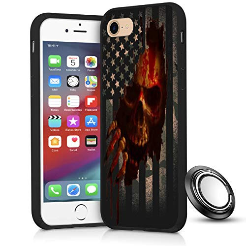 iPhone SE 2020-8-7 Case Camo American Flag and Skull Slim Anti Scratch Shockproof Silicone Soft Rubber TPU Protective Case Cover with Phone Ring Holder Stand for iPhone SE 2020-8-7 4-7 inch
