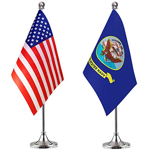 LoveVC US Navy Desk Flag Small Mini USA Office Military Table Flags with Stand Base 2 Pack