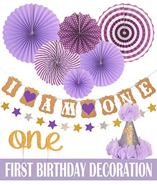 FIRST BIRTHDAY DECORATION SET FOR GIRL- 1st Baby GIRL Birthday Party  Stars Paper Garland  Gold Cake Topper One   Purple Banner  Purple Fiesta Hanging Paper Fan Flower First Birthday Decoration 