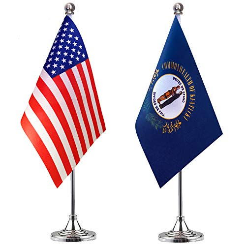 WEITBF State Desk Flag Small Mini Kentucky Office Table Flag with Stand Base 2 Pack