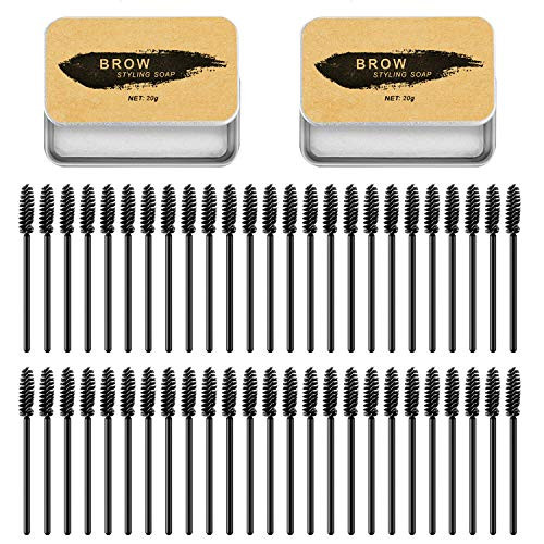2pcs Eyebrow Soap Kit with 50pcs Brush Soap Brows Gel Setting Pomade for Natural Brows Long Lasting Waterproof Smudgeproof 3D Clear Feathery Brows Makeup Balm Kit