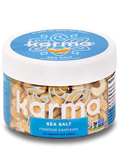 Karma Nuts Dry Roasted  Salted Cashews   8 oz Jar   Whole Cashews   Air Roasted  No Oil   Natural  Minimally Processed   Non-GMO  Gluten-Free  Vegan  Kosher   Rich in Antioxidants  Fiber