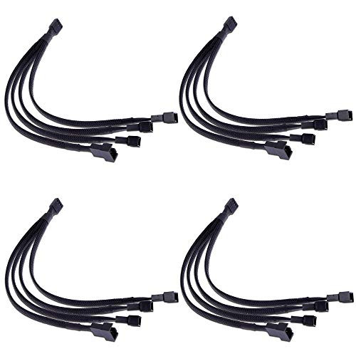 Endlesss PWM Fan Splitter Cable 4 Pin Black Sleeved Case Fan Splitter Cable 1 to 4 Converter Braided Y Splitter Computer PC Fan Extension Power Cable 10-5 Inches 4 Pack