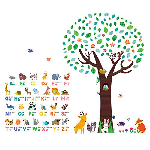 Decowall DM-1614P1312 Animal Alphabet ABC Large Tree Kids Wall Stickers Wall Decals Peel and Stick Removable Wall Stickers for Kids Nursery Bedroom Living Room