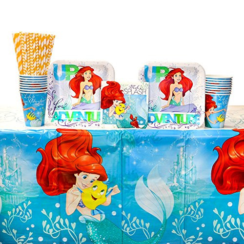 The Little Mermaid Ariel Dream Big Party Supplies Pack for 16 Guests: Straws, Dessert Plates, Beverage Napkins, Cups, and Table Cover