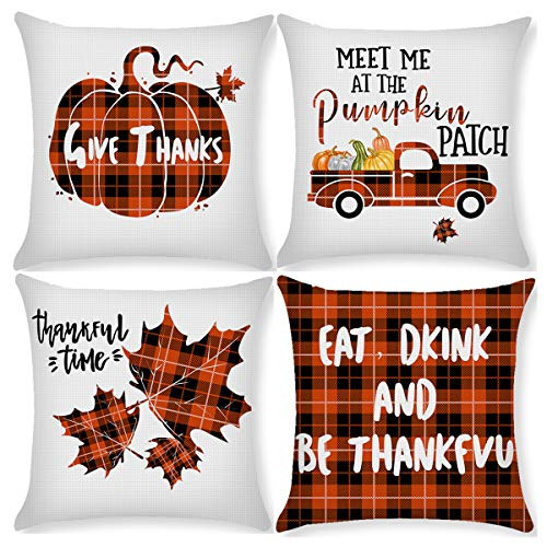 Thanksgiving Throw Pillow Covers 18x18 Inch Set of 4 Fall Harvest Pillow Cases Pillowcases Autumn Pumpkin Pillow Cushion Cover for Autumn Fall Friendsgiving Thanksgiving Sofa Bedroom Car Decoration
