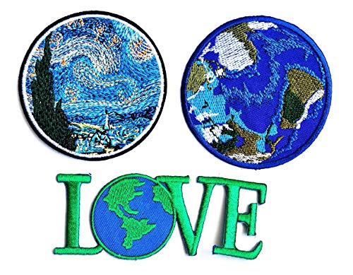 PARITA Set 3 Pcs- Save The Earth World Love Planet Map Peace Symbol Patch Cartoon Kids DIY Applique Embroidered Sew Iron on Patch Repair Craft Clothing