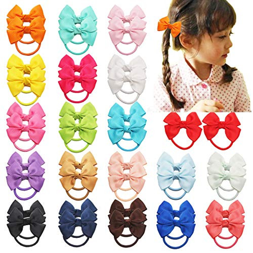 40 Pcs-20Pair Baby Girls Elastic Hair Ties Grosgrain Ribbon Bows with Ties Kids Children Rubber Bands Ponytail Holders for Girls Teens Toddlers
