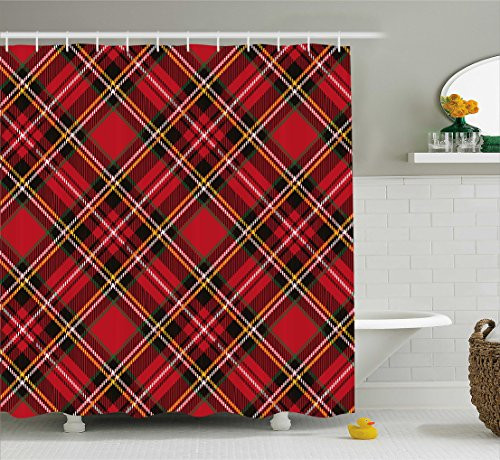 Ambesonne Retro Shower Curtain by, Diagonal Traditional Vintage Scottish Tartan Pattern Striped Checkered Geometric Tile, Fabric Bathroom Decor Set with Hooks, 70 Inches, Multicolor