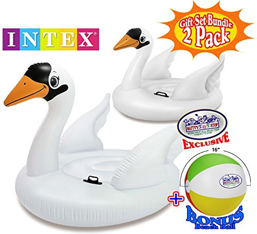 Intex Mega Swan Inflatable Island (76.5"x60"x58" ) & Swan Inflatable Ride-On (51"x40"x39") Pool Floats Gift Set Family Bundle with Bonus "Matty's Toy Stop" 16" Beach Ball - 2 Pack