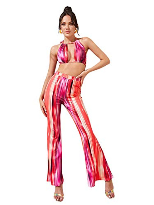 MakeMeChic Women s Tie Dye Cut Out Crop Top   High Waist Pants 2 Piece Set Multi-2 S
