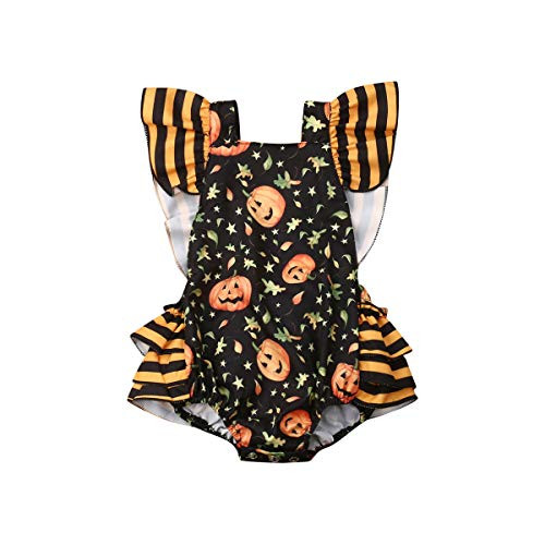 My 1st Halloween Newborn Baby Girl Romper Pumpkin Sleeveless Romper Ruffle Ghost Bodysuit Jumpsuit Headband Outfits Black  6-12 Months