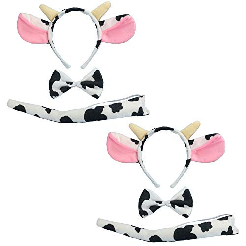 Halloween Cow Headband Bow Tie Tail Milk Cow Hair Bands Headpiece Women Cow Ears Horns Hairband Hair Hoop Holiday Party Decoration Cosplay Costume Christmas Carnival Handmade Hair Accessories 2 Set