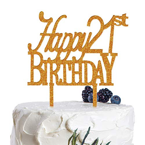 AERZETIX Happy 21st Birthday Cake Topper Acrylic Gold Glitter Twenty One 21 Years Old Birthday Party Decorations Supplies