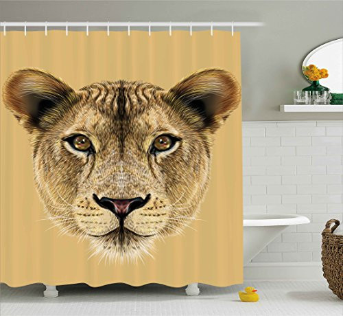 Ambesonne Animal Print Shower Curtain, Wildlife Theme Cute Portrait of a Fluffy Lioness Cat Face Pattern, Fabric Bathroom Decor Set with Hooks, 70 inches, Sand Brown Light Coffee Ambesonne Animal Print Shower Curtain, Wildlife Theme Cute Portrait of a Fluffy Lioness Cat Face Pattern, Fabric Bathroom Decor Set with Hooks, 70 inches, Sand Brown Light Coffee