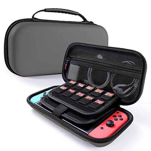 ECASA Travel Carrying Case for Nintendo Switch  Upgraded Sturdiest Handle  Anti-Shock Protective EVA Hard Shell Case  Fits AC Adapter 20 Game Cartridges and Console - Grey