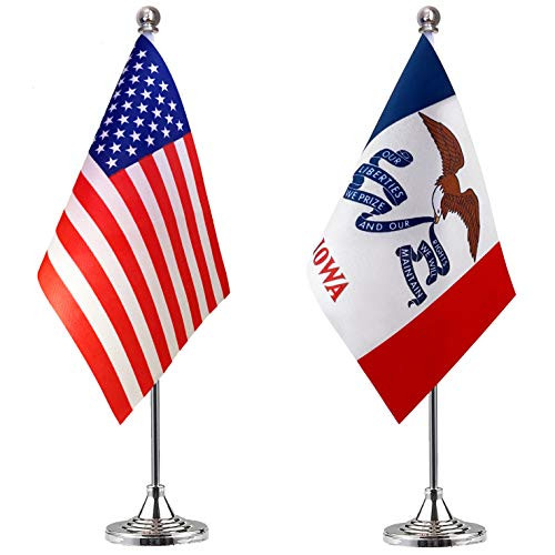 WEITBF Iowa State Desk Flag Small Mini Iowa Office Table Flag with Stand Base 2 Pack