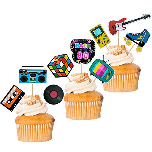 Mulukaya 36Pcs Back To The 80s Themed Cupcake Toppers 1980s Retro Party Cake Treat Picks for I Love 80s Birthday Wedding Decade Throwback Party Decorations Supplies