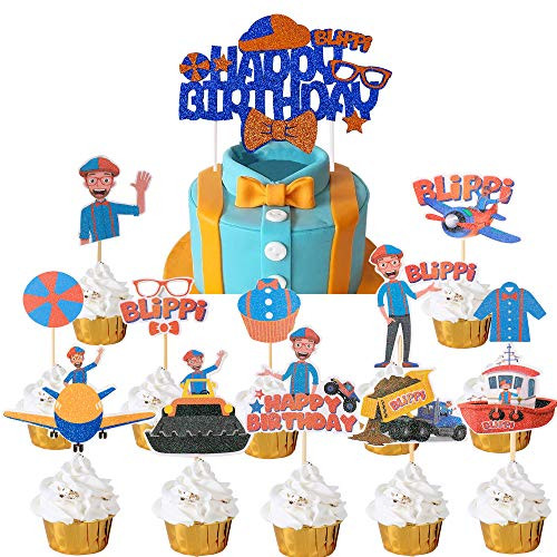 Blippi Cake Cupcake Toppers Boys Birthday Party Supplies Decoration for Blippi Birthday Theme Party 25 Pack Blippi Glitter Birthday Cake Cupcake Topper for Kids 2nd  3rd  4th  5th