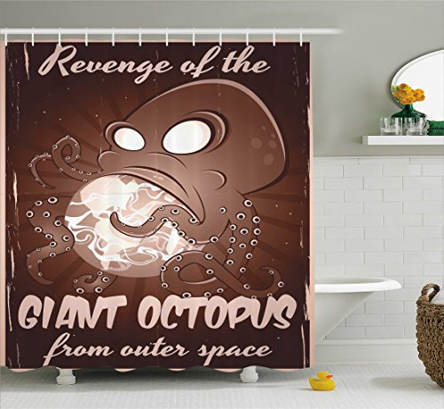 Ambesonne Octopus Decor Collection, Retro Style Old Poster Print of Cartoon Monster Alien Octopus with Tentacles Attacking Earth, Polyester Fabric Bathroom Shower Curtain Set with Hooks, Brown