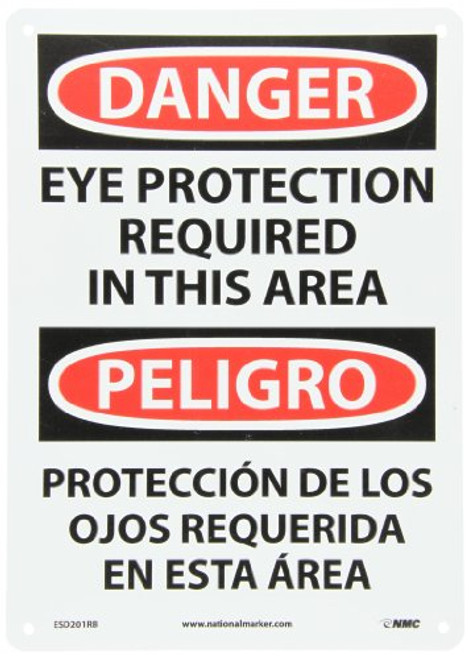 NMC ESD201RB Bilingual OSHA Sign  Legend  DANGER - EYE PROTECTION REQUIRED IN THIS AREA   10  Length x 14  Height  Rigid Plastic  Black-Red on White