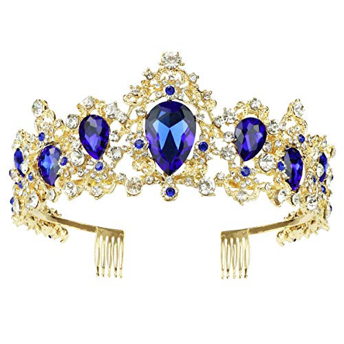 Women Luxurious Crystal Rhinestone Bridal Crown Princess Headpieces Girls Tiara Accessory Gold   Blue 2 Women Luxurious Crystal Rhinestone Bridal Crown Princess Headpieces Girls Tiara Accessory Gold   Blue 2