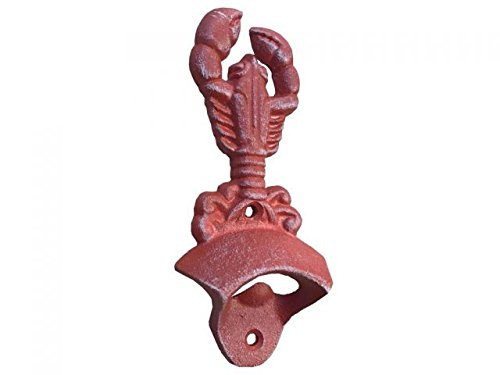 Hampton Nautical Red Whitewashed Wall Mounted Lobster Bottle Opener 6 -Vintage Cast Iron Decor-Sea Life
