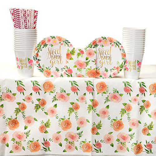 Floral Baby Party Supplies Pack for 16 Guests: Straws, Dessert Plates, Beverage Napkins, Table Cover, and Cups