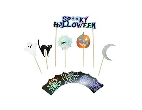 Spooky Halloween - Cupcake Toppers   Wrappers  12 ct   Halloween Party Decorations   Halloween Cake Topper   Spider  Ghost  Jack O Lantern  Black Cat