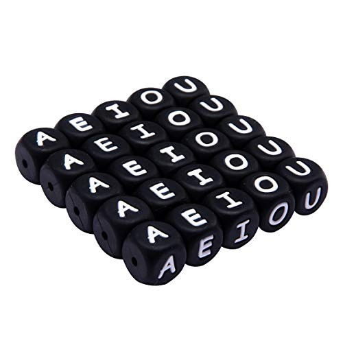 Promise Babe 20pc Silicone Teether Beads in Vowels AEIOU 12mm Premium Chewable Letter Beads DIY Accessory Black Style for Relieving Teething Pain