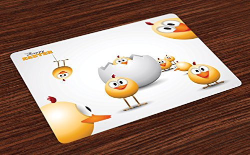 Ambesonne Easter Place Mats Set of 4  Happy Chicks Emerging Out of a Cracked Egg Funny Cartoon Style Animals  Washable Fabric Placemats for Dining Room Kitchen Table Decor  Orange Yellow
