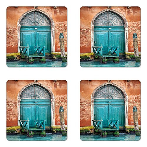 Ambesonne Venice Coaster Set of 4  Building with Antique Door Entrance City on Water Historical Urban  Square Hardboard Gloss Coasters  Standard Size  Sky Blue