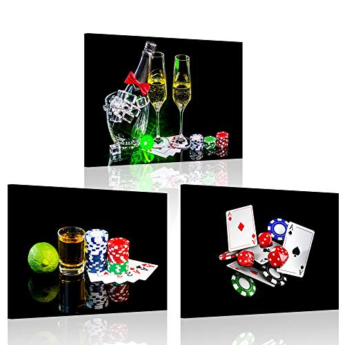 iKNOW FOTO 3 Piece Canvas Art Wall Decor Bottle Champagne Wineglasses Poker Cards Chips Posters Prints Modern Home Decor Stretched Framed Ready to Hang 12x16inchx3pcs