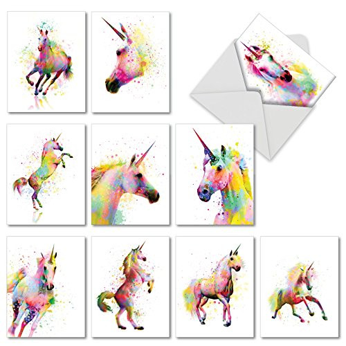 Funky Rainbow Unicorns - Box of 10 Blank Greeting Cards with Envelopes 4 x 5-12 Inch - Watercolor Painted Horses  All-Occasion Note Cards for Girls  Women - Boxed Stationery AM6748OCB-B1x10
