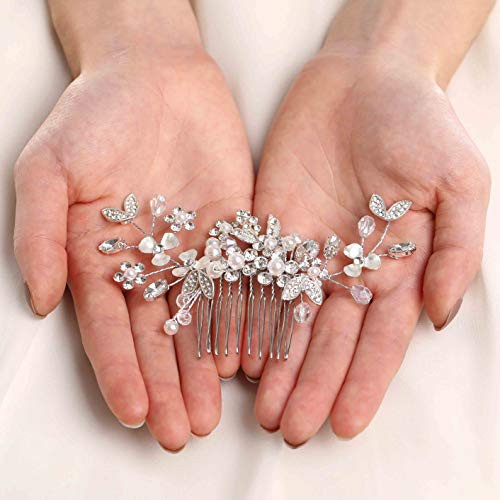 Yean Leaf Bride Wedding Hair Comb Flower Bridal Hair Piece Pearl Crystal Hair Accessories for Women and Girls Silver