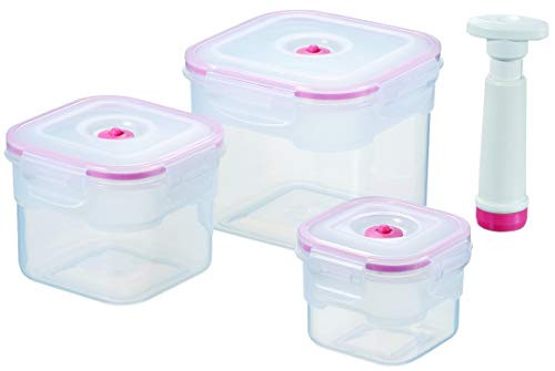 Vacuum Seal Food Storage Containers - Hand Held Vacuum Food System - Quick Marinator - Square - 7Pc - Coral Color