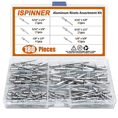 ISPINNER 180pcs 6 Sizes Aluminum Blind Rivets  Pop Rivets Assortment Kit