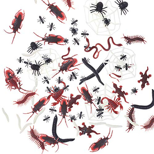 128 Pieces Plastic Realistic Bugs Set Scary Toys Trick Joke Decoration Fake Snake Cockroaches Spiders Worms Scorpions and Gecko for Halloween Party Favors 12 Types