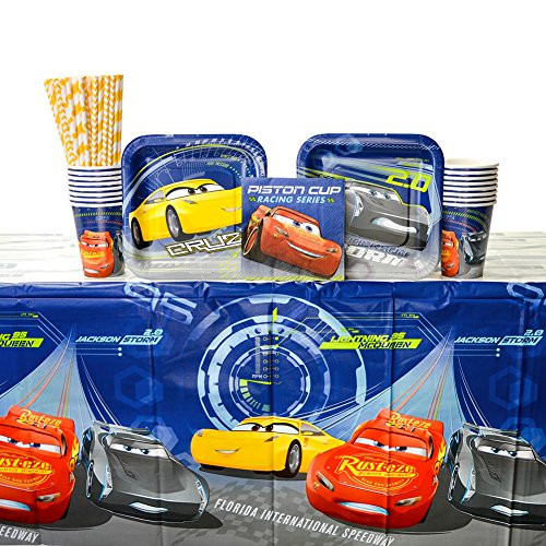 Disney Cars Party Supplies Pack for 16 Guests - Straws, Dessert Plates, Beverage Napkins, Cups, and Table Cover