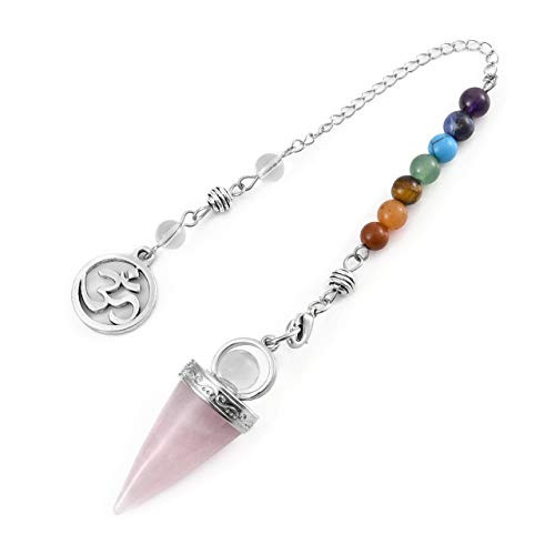 CrystalTears Natural Rose Quartz Crystal Pendulum 7 Chakra Healing Crystal Point Pendant Pendulum for Dowsing Divination Reiki Healing Crystal Therapy