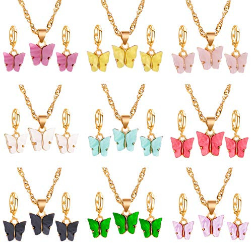 yfstyle 4Pairs - 12Pairs Butterfly Necklace and Butterfly Hoop Drop Earrings Set Adjustable Butterfly Rhinestone Necklace Acrylic Butterfly Stud Earrings for Women Girls-Hoop