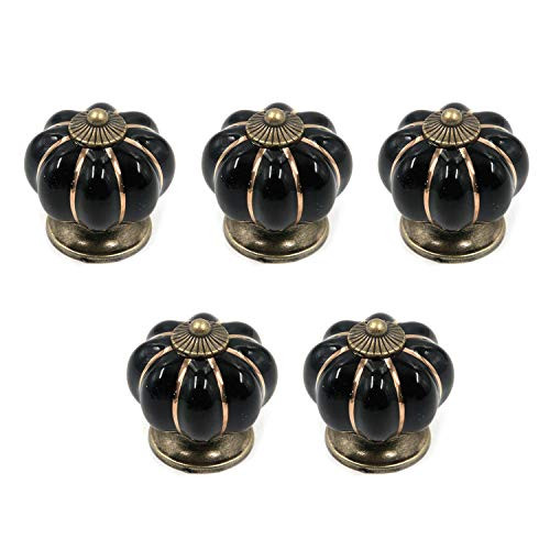 MTMTOOL Black Antique Pumpkin Ceramic Door Knobs Hardware Vintage Cabinet Drawer Cupboard Dresser Pull Handle Pack of 5