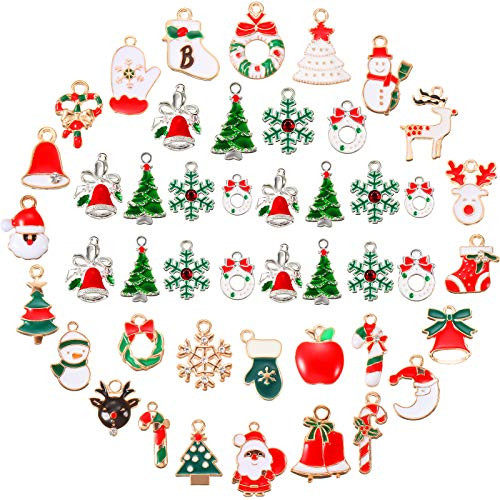 46 Pieces Assorted Enamel Christmas Charm Pendant Silver Plated Christmas Tree Snowflake Garland Bell Dangle Crafting Decorations for Necklace Bracelet Ankle Earring Jewelry DIY Making